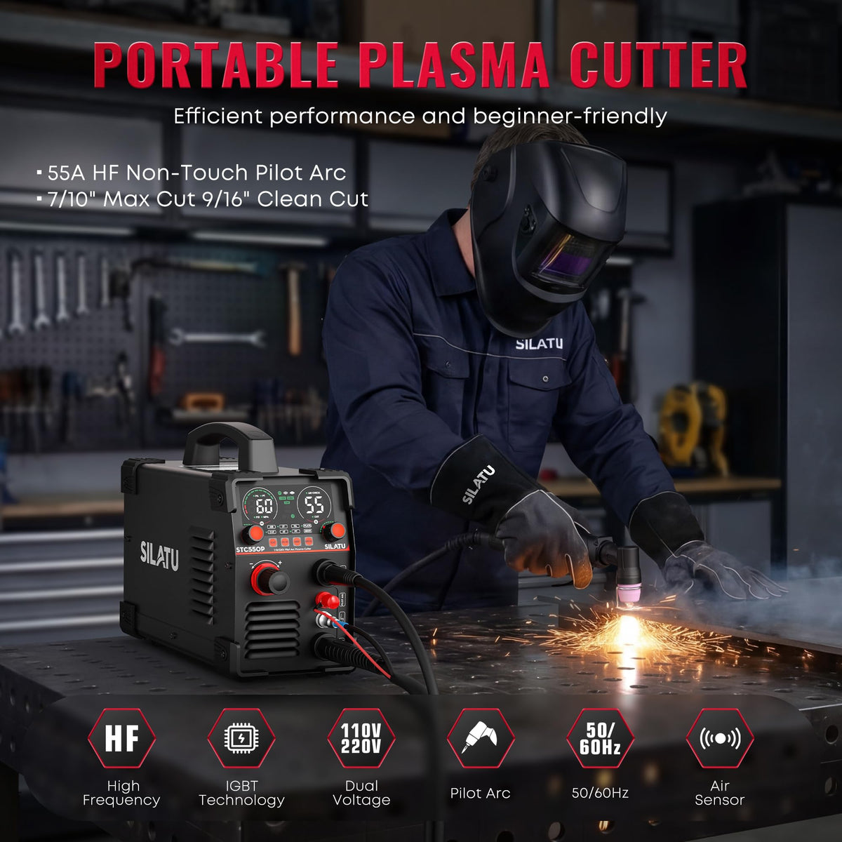 SILATU Plasma Cutter, STC550P 55Amps Pilot Arc Plasma Cutter Machine, 110/220V Dual Voltage LED Display Air Sensor, 9/16'' Clean Cut 7/10'' Max Cut, Mesh Cutting, PT/2T/4T for Beginners DIY (Black)