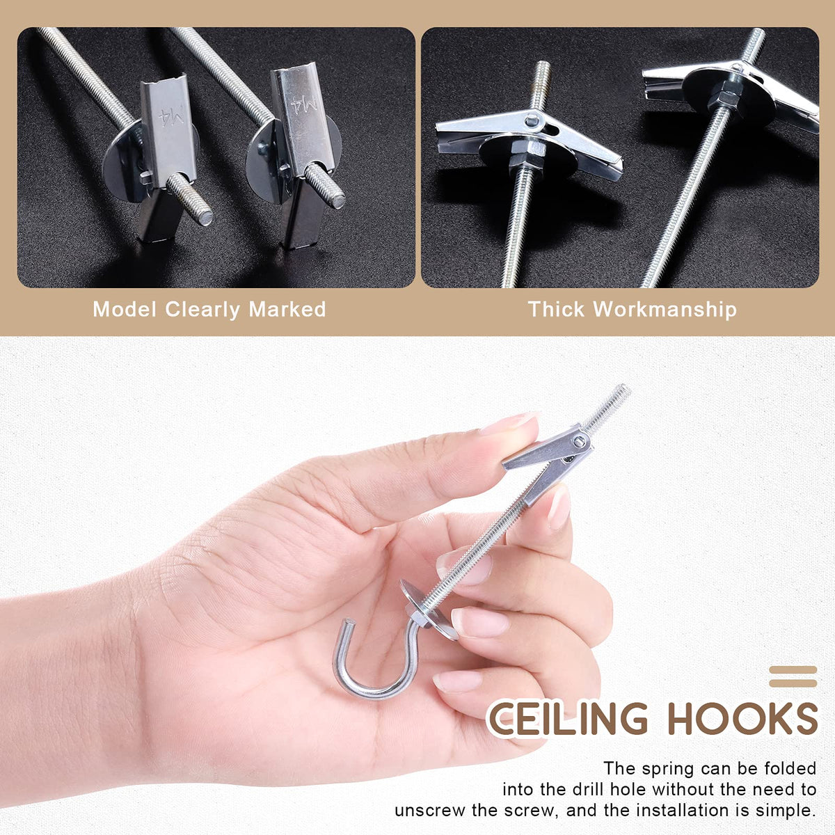Wokape 64Pcs M4×75 Heavy Duty Carbon Steel Ceiling Hooks Spring Toggle Wing Bolts Wall Fixing Ceiling Hooks Pothook Wall Fixing Anchors Ceiling for Hanging Plants