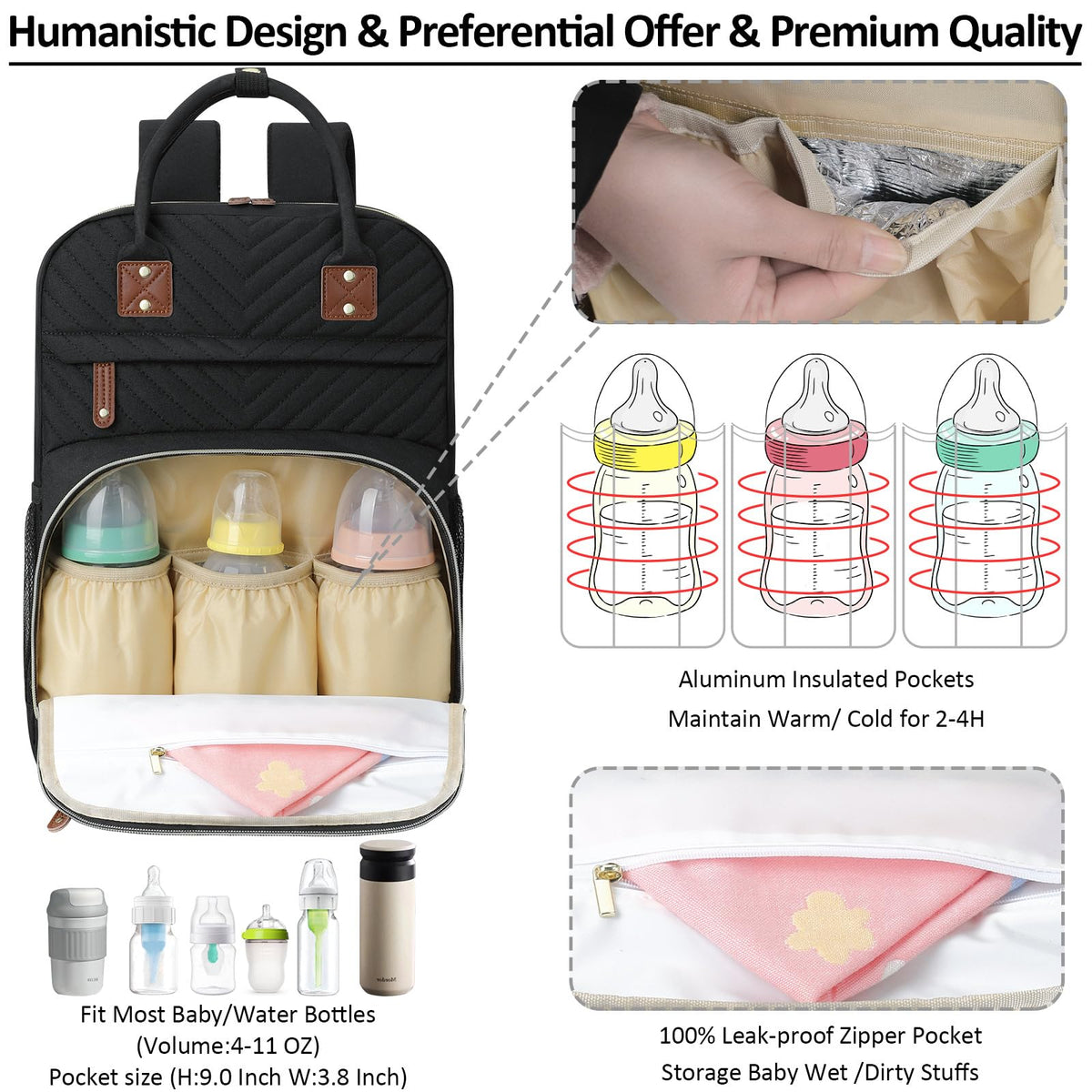 Tenot Diaper Bag Backpack for Women Large Capacity with Insulated Pockets Multifunctional Diaper Bags For Baby Girl Boy Waterproof Baby Bags For Mama Maternity Travel Bag Black