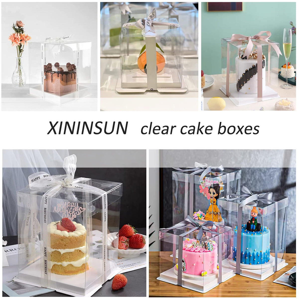 XININSUN 6Pcs clear cake boxes with Ribbon, 6inch cake boxes for Christmas Bakery Treat,Holiday Pastries,Gift Giving-White