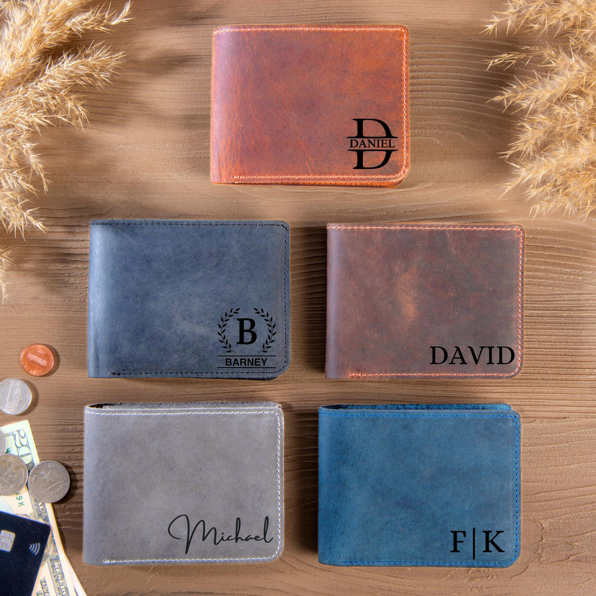 Personalized Leather Wallet for Men – Engraved Name Initial, Custom Monogram in 5 Colors & 6 Designs – Ideal Gift for Husband, Dad, Boyfriend, Wedding, Anniversary, Birthday, Valentines Day Gifts