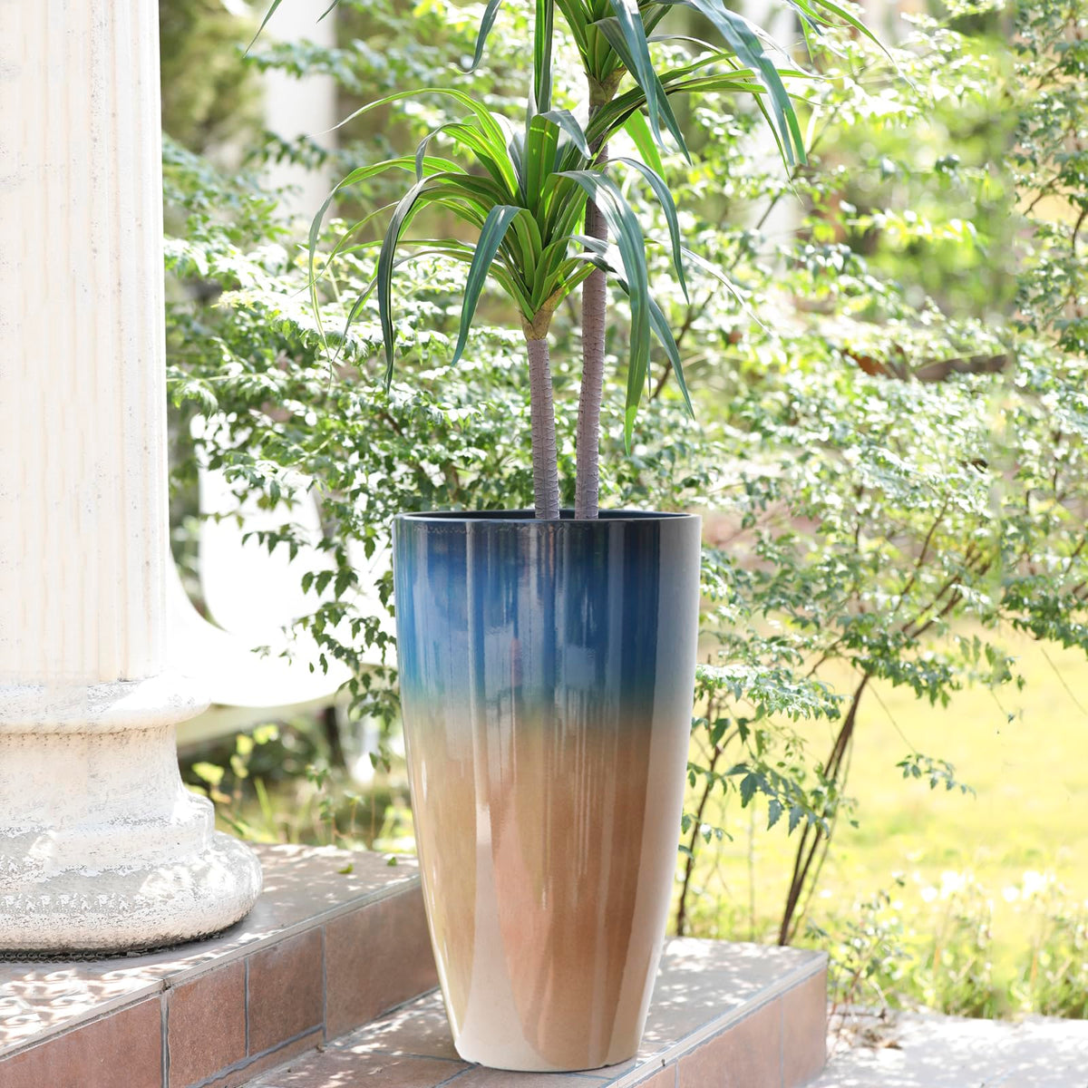 SE SUN-E Tall Planters for Outdoor Plants, Heavy-Duty Plastic Lightweight Flower Pots Blue to Khaki Gradient Garden Pots Porch Planters Outdoor Set of 2 Gifts for Plant Lovers