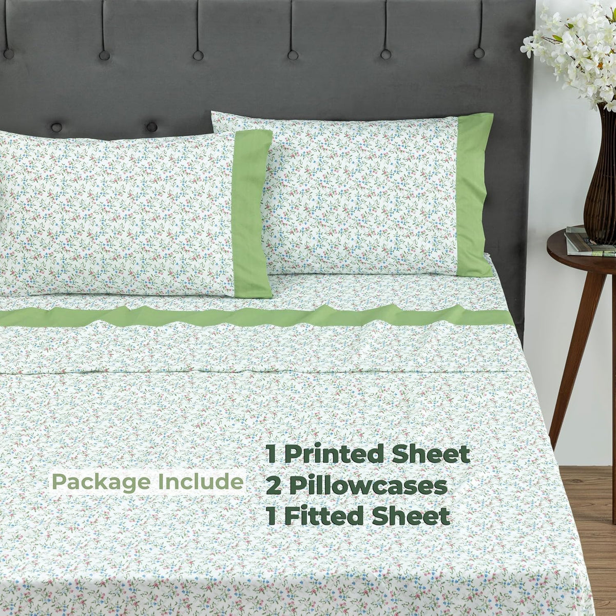 Dreamology Queen Size Sheet Set,4 Pieces Microfiber Sheet,Printed Sheet Set with Solid Cuffed Detail,Includes 1 Flat Sheet,1 Deep Pocket Fitted Sheet and 2 Pillowcases,Queen Bed sheets – Ditsy Flowers