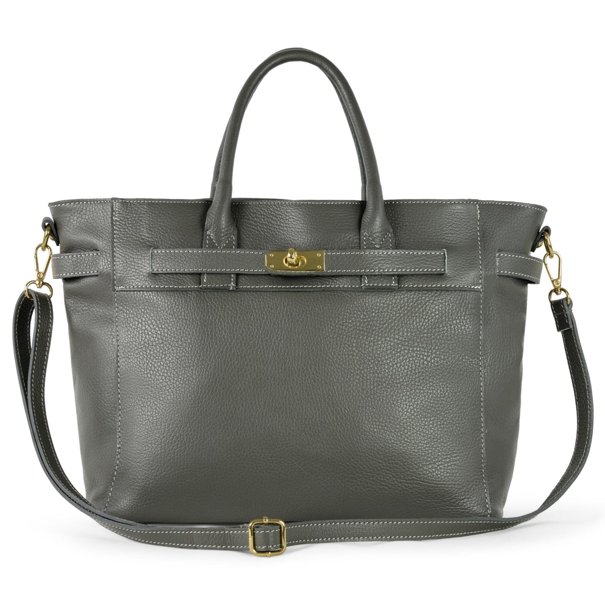 Italian Genuine Calf Leather Handbag for Women with Zipper & Adjustable Strap | Medium Top-Handle Satchel Purse (Dark Grey)