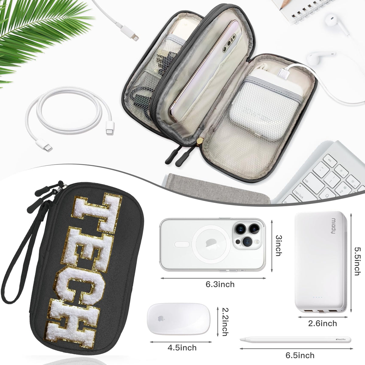 COSHAYSOO Small TECH Pouch Electronics Organizer Travel Bag Personalized Valentines Traveling Gifts for Women, Charging Cords Phone Charger USB Cable Management Airplane Cruise Essentials Black