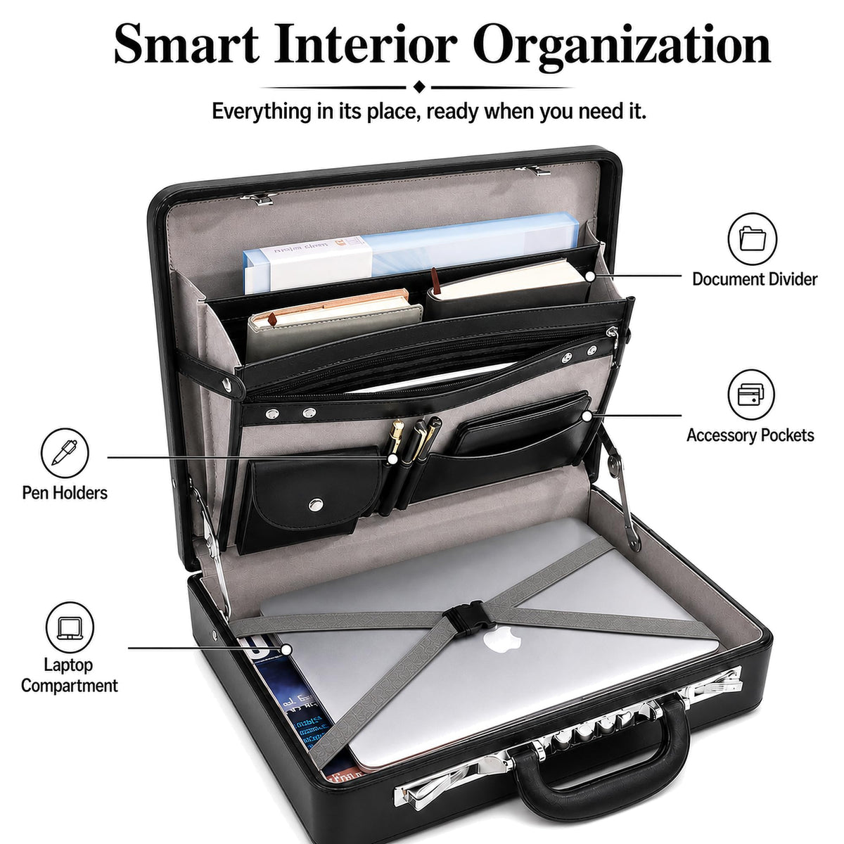 HAESTUS Leather Briefcase for Men with Combination Lock, Classic Hard Shell Attache Case in Black, Fits 16 Inch Laptop