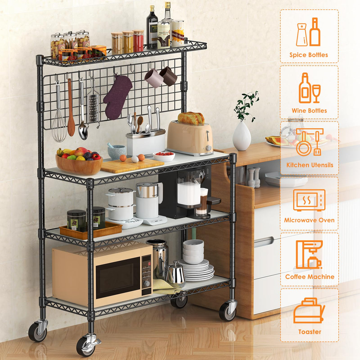 Leteuke Bakers Rack with Storage & Wheels, 42 Inch Microwave Stand Kitchen Shelves, 4-Tier Heavy Duty Storage Rack with 20 S-Hooks, Commercial Metal Utility Kitchen Cart, 42× 18× 63 Inch, Black