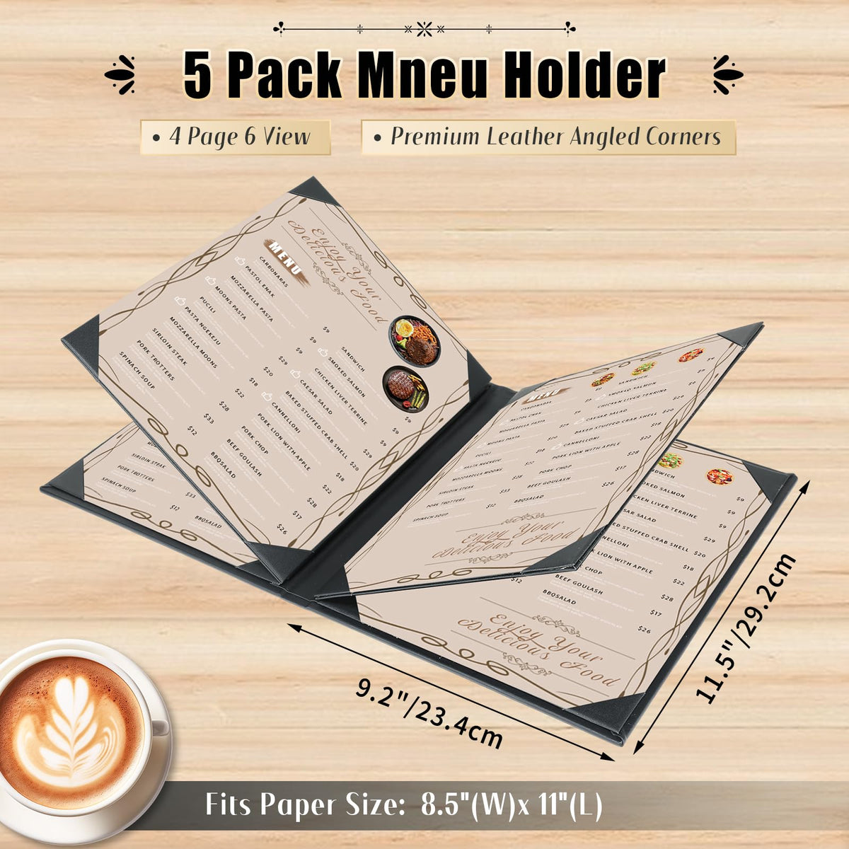 FLKQC Restaurant Menu Covers Holders 8.5 X 11, 5 Pack Synthetic Leather Menu Holder Covers Book Style with Angled Corners Black for Wine List, Certificate Organizer Diploma Holder (4 Page 6 View)