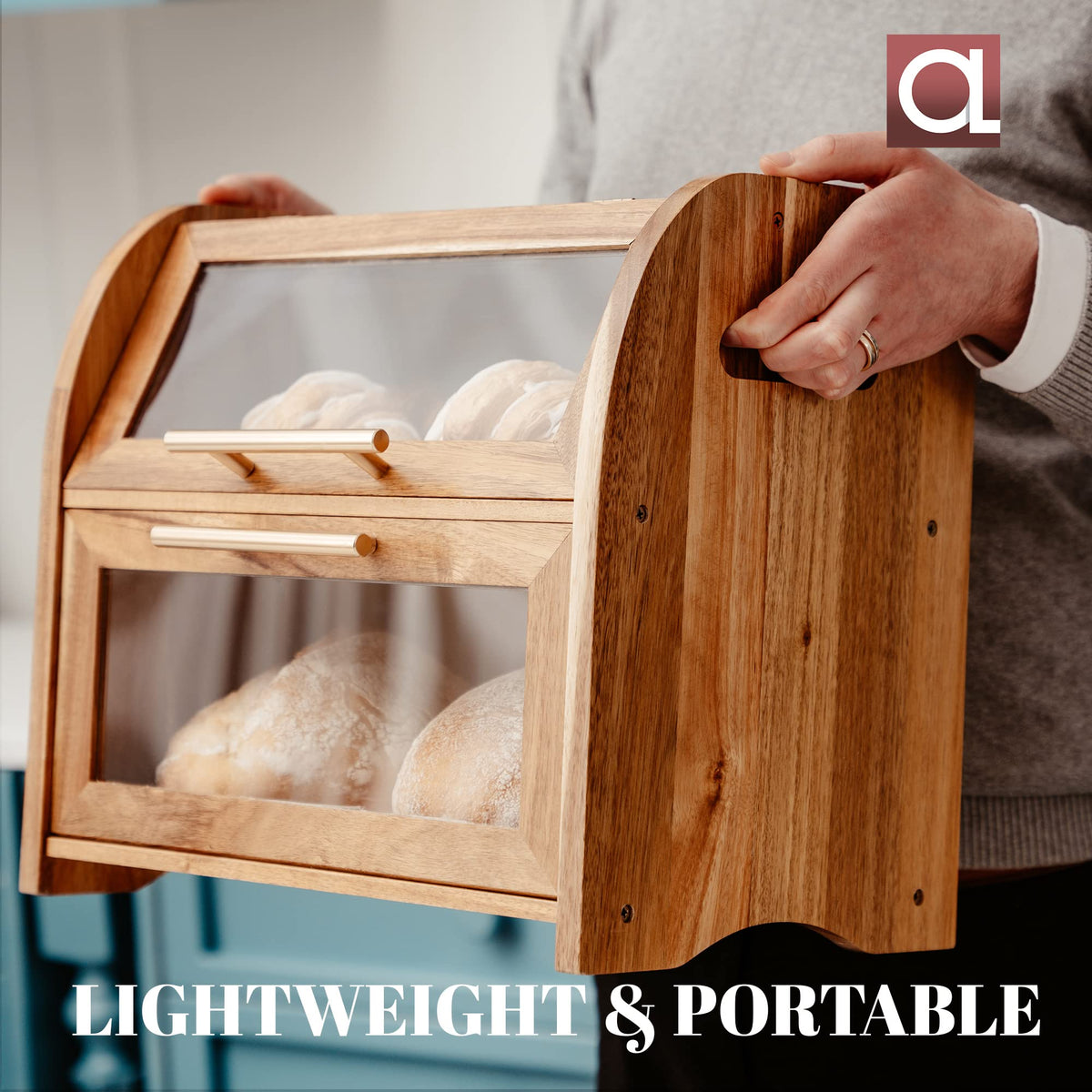 Arise Stylish Acacia Bread Box for Kitchen Countertop, Extra Large 2-Shelf Wooden Bread Storage Container with Clear Windows and Air Vents Keep Bread, Bagels and Rolls Fresh, Self Assembly