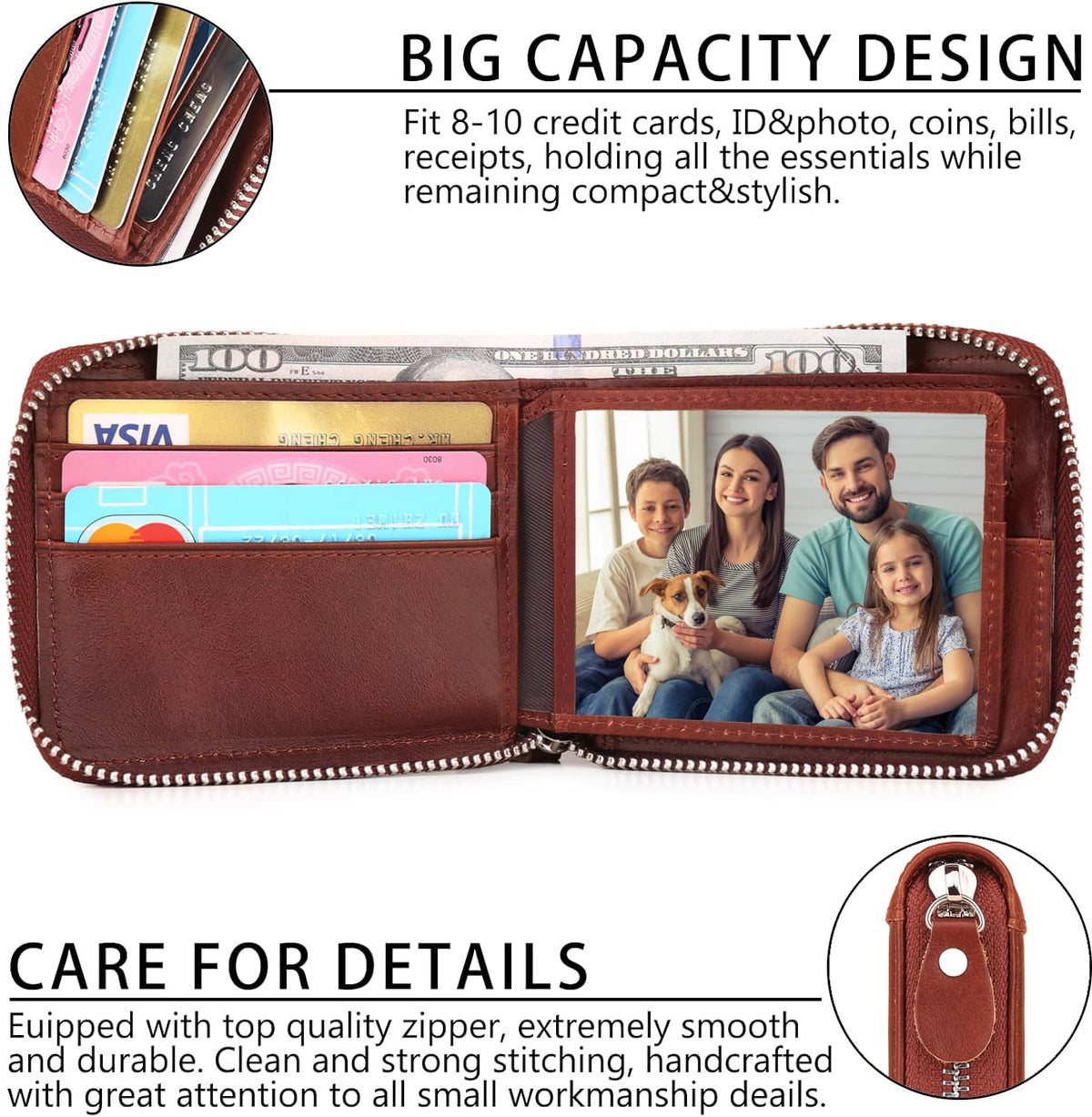 CALFART Slim Zipper Wallets For Men RFID Leather Mens Bifold Creidt Card Holder Zip Around Wallet With Coin Pocket