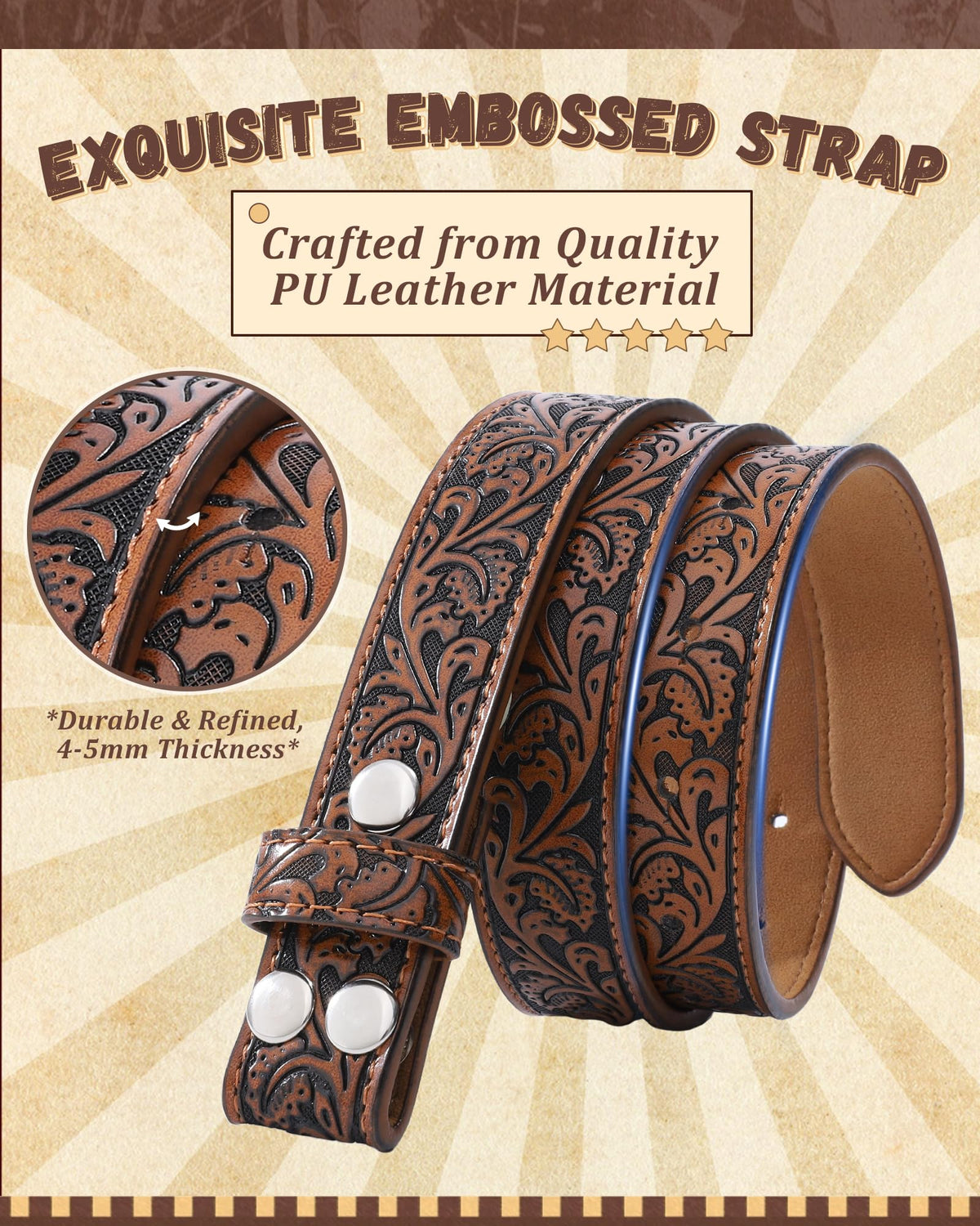 AWAYTR Kids Western Belt with Detachable Buckle - PU Leather, 3 Sizes (23"-34.5"), Adjustable for Daily Wear & Halloween (Cow Buckle-Dark Brown, Fit Waist: 26.5"-30")
