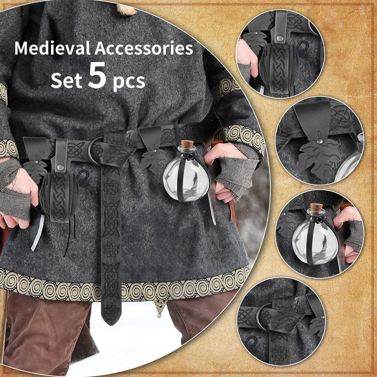 JBKN Women Renaissance Accessories Medieval Viking Belt Potion Bottles Belt Bag Leather Skirt Hikes for Halloween Festival Cospl