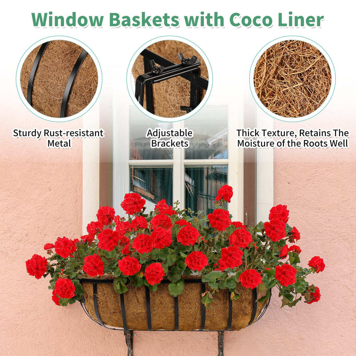 Tessco for you 6 Pieces Railing Planter Boxes, 24 Inches Window Box Planters with Coco Liner and Adjustable Brackets for Deck Porch Fence Patio Balcony Gardening Outdoor Plants