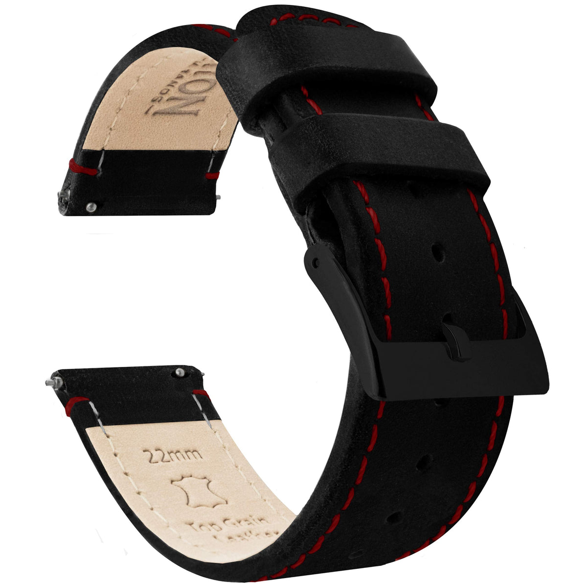 BARTON WATCH BANDS Quick Release Top Grain Leather Watch Band Strap, Black Leather/Red Stitching (Black Buckle), 20mm
