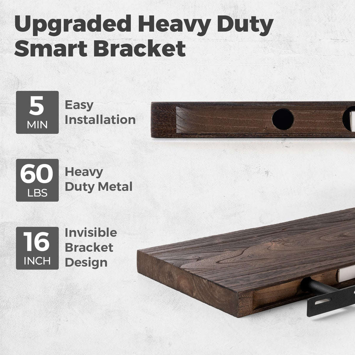 RICHFOCUS Live Edge Elm Floating Shelves - 48" W x 9.3" D Rustic Solid Wood Wall Shelves with Invisible Bracket, Wall-Mounted for Living Room, Bedroom, Kitchen Storage & Display, Set of 1, Walnut