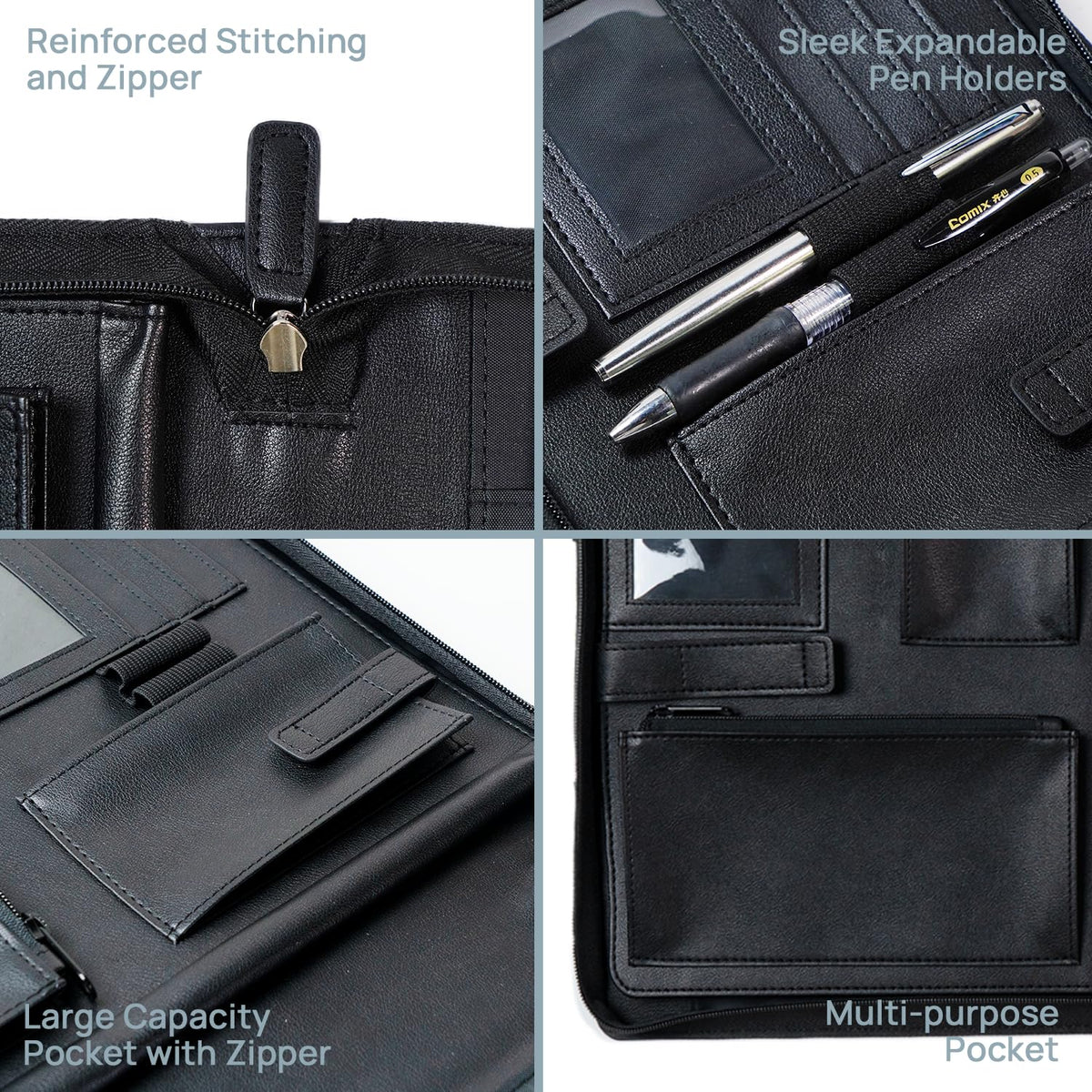 POPRUN Portfolio with Zipper, PU Leather Padfolio Document Organizer with Storage, Professional Business Folder for Meeting Presentation, Includes 50 Sheet Writing Pad, Black