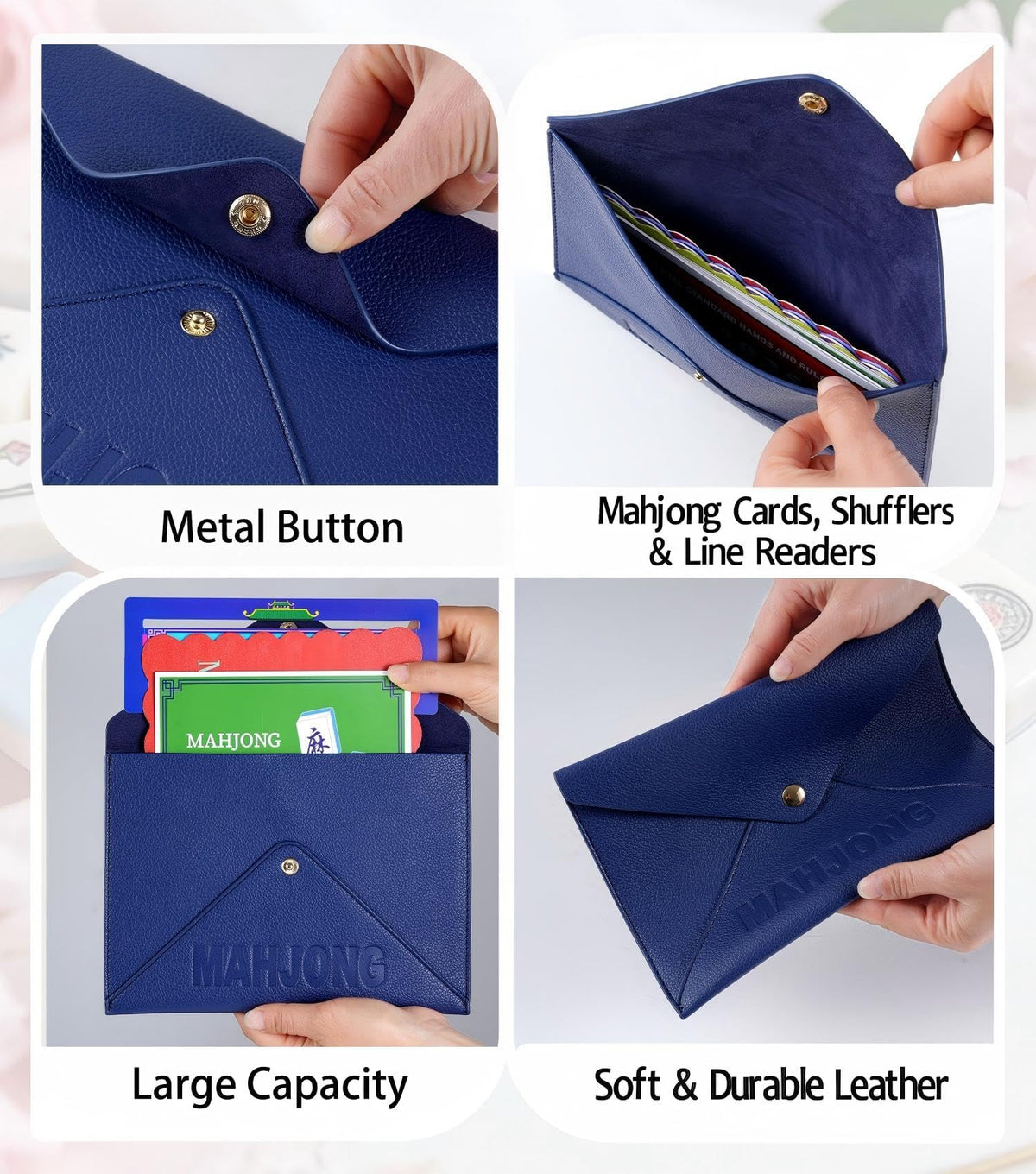 Vegan Leather Mahjong Card Sleeve Holder, Fits Most Mahjong Cards, Line Readers & Shuffler Cards, Gift Box Included, Perfect Mah jong Gift & Accessories for Men Women (Navy Blue, 8.6 * 6.3 in)