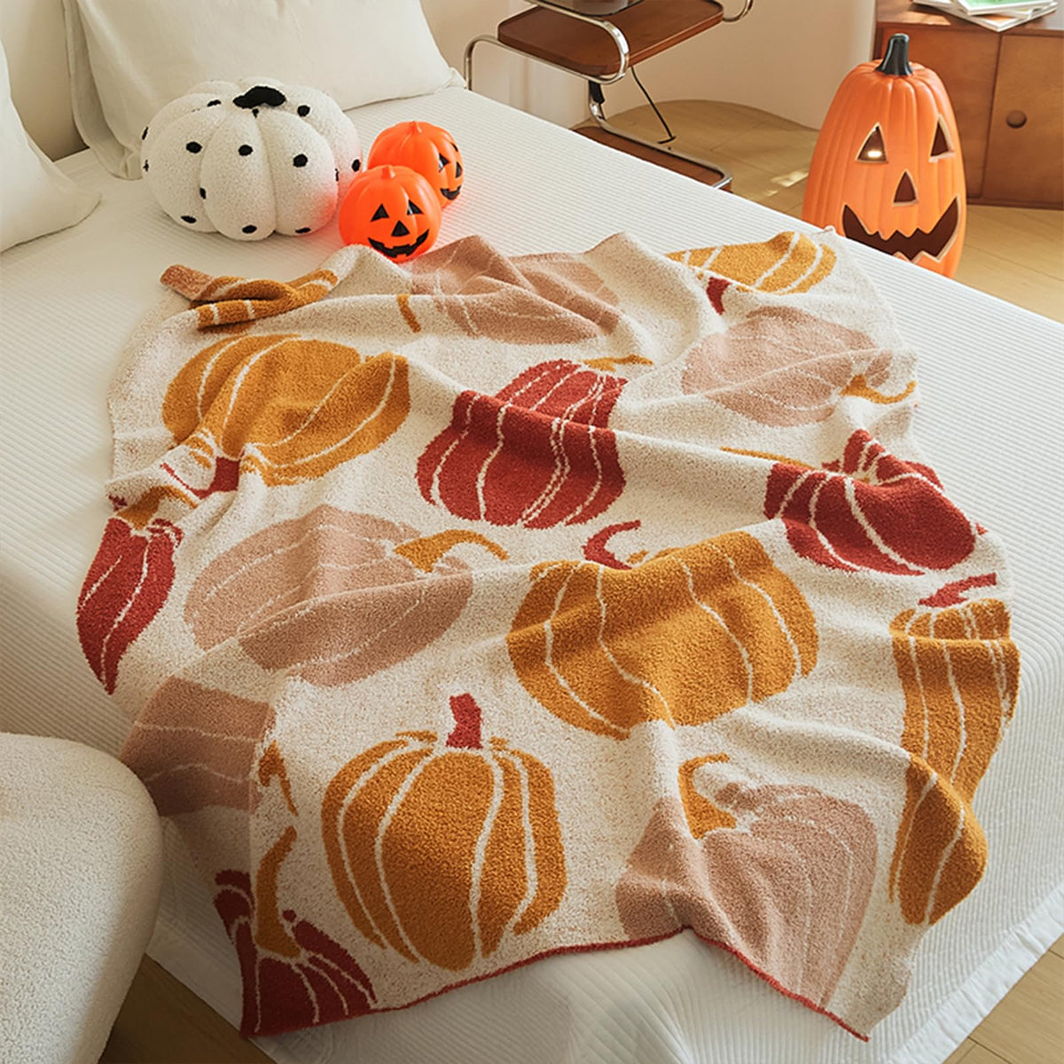 Pumpkin Throw Blanket for Couch 50x70 Fall Halloween Blankets, Soft Cozy Reversible Textured Fleece Fluffy Blanket for Bed Sofa Autumn Home Decor