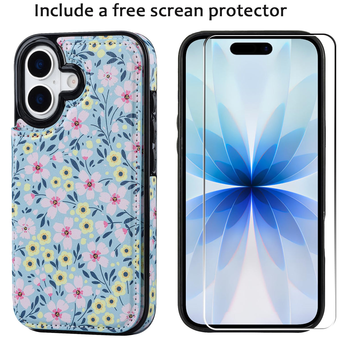 JOYAKI Compatible with iPhone 17 Wallet Case with Card Holder, Flip PU Leather Kickstand Case with Screen Protecor, Double Magnetic Clasp with Screen Protector Cover 6.3" -Sunny Day Bloom