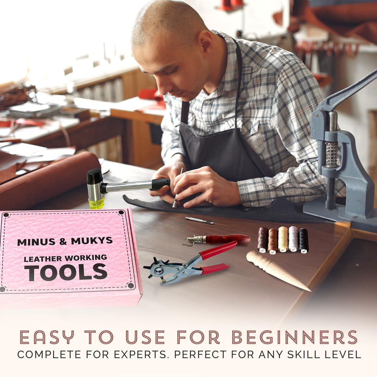 MINUS MUKYS Leather Working Kit Complete Leather Tools Set for Crafts Shoe Repair Kit Belts Includes Hole Puncher for Crafts Sewing Tools Awl Stitching Tool Cutting Mat Ideal for Beginners