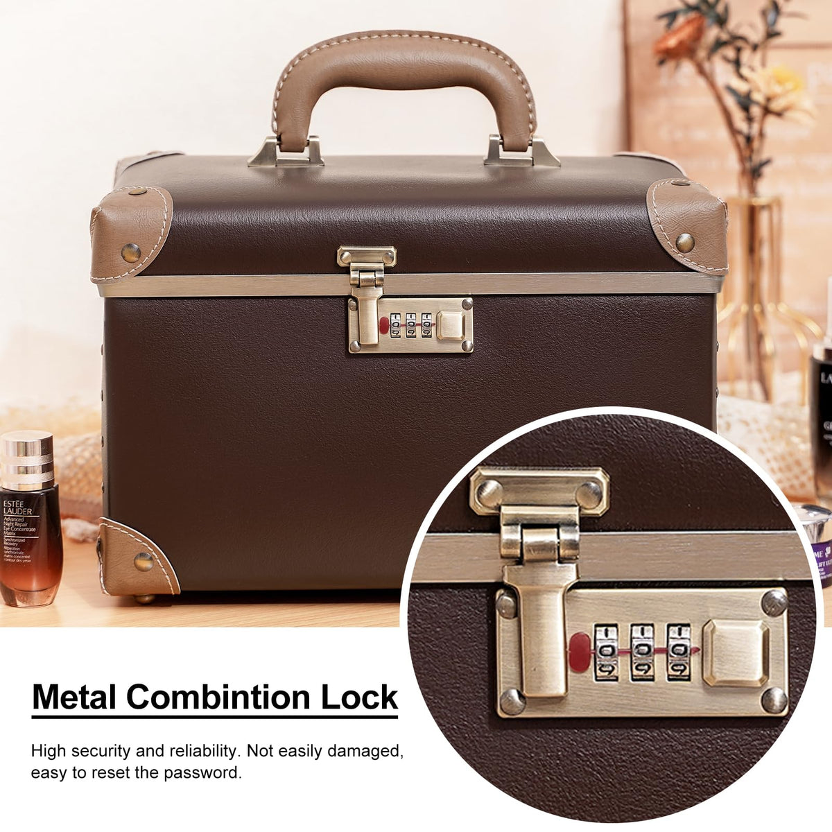 urecity Retro Vintage Makeup Train Case, Brown Artificial Leather, Professional Cosmetic Organizer with Combination Lock, Striped Interior