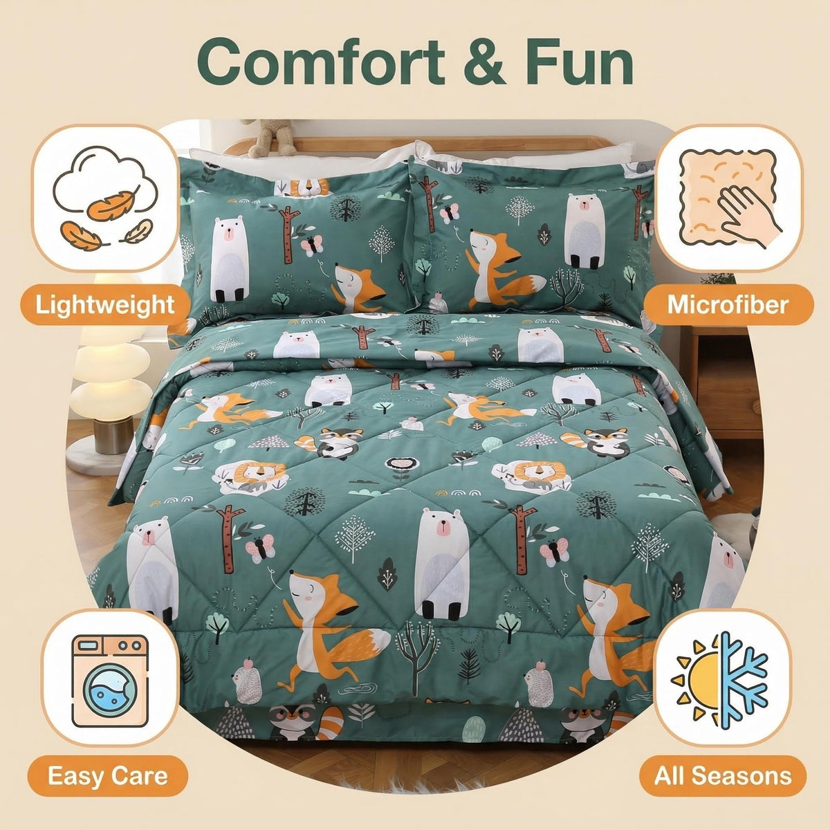 JSD Green Forest Animals Kids Comforter Set Twin Size, 2 Piece Woodland Printed Microfiber Bedding Set, Machine Washable