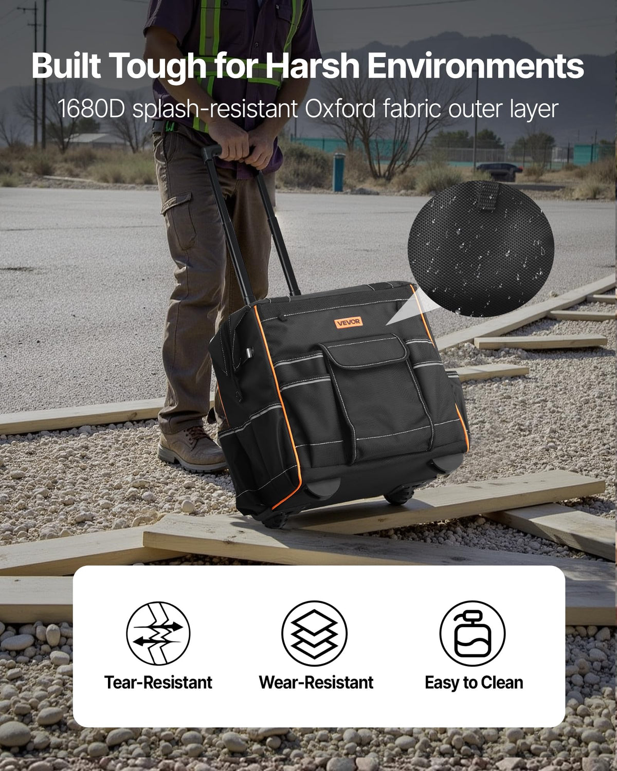 VEVOR 15" Rolling Tool Bag, 110 lbs Load Capacity, 25 Pockets Heavy Duty Roller Tool Bag on Wheels, Adjustable Telescoping Handle & Stable Base, Toolbag Organizers w/Wheels for Construction, Mechanic