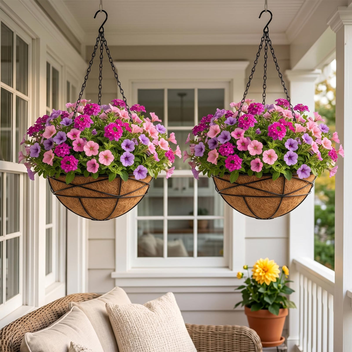 Karlliu 2 Pack 12 Inch Hanging Planters for Outdoor Plants Metal Watering Flower Baskets with Coco Liner for Hanging Pot Round Plant Holders Planter for Outside Garden Decor