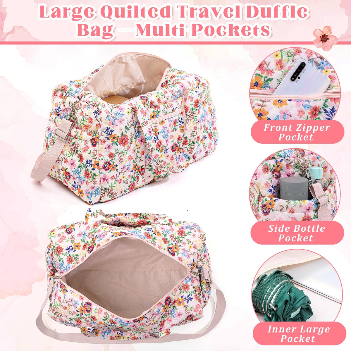 Dansydaisy Large Quilted Travel Duffle Bag for Women Floral Portable Gym Weekender Bag with Zipper Pockets Workout Grocery Pouch Duffle Gift Pouch for Work(Pink Floral)