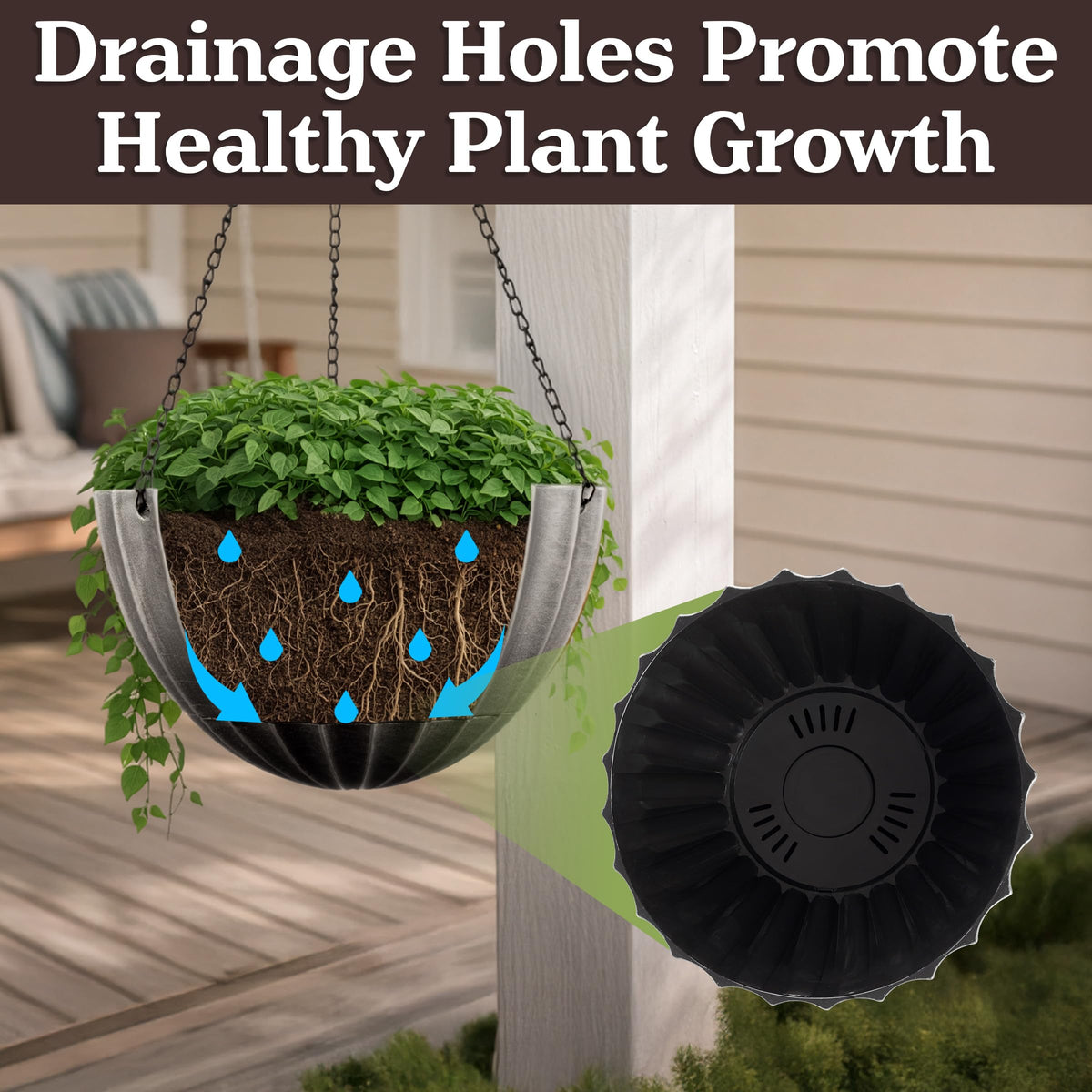 Hanging Planter 2-Pack - 10.25-Inch Durable Plastic Hanging Planters for Indoor Plants or Outdoor Porch Decor with 3 Drainage Holes and Removable Bottom Reservoir by Pure Garden (Gray)