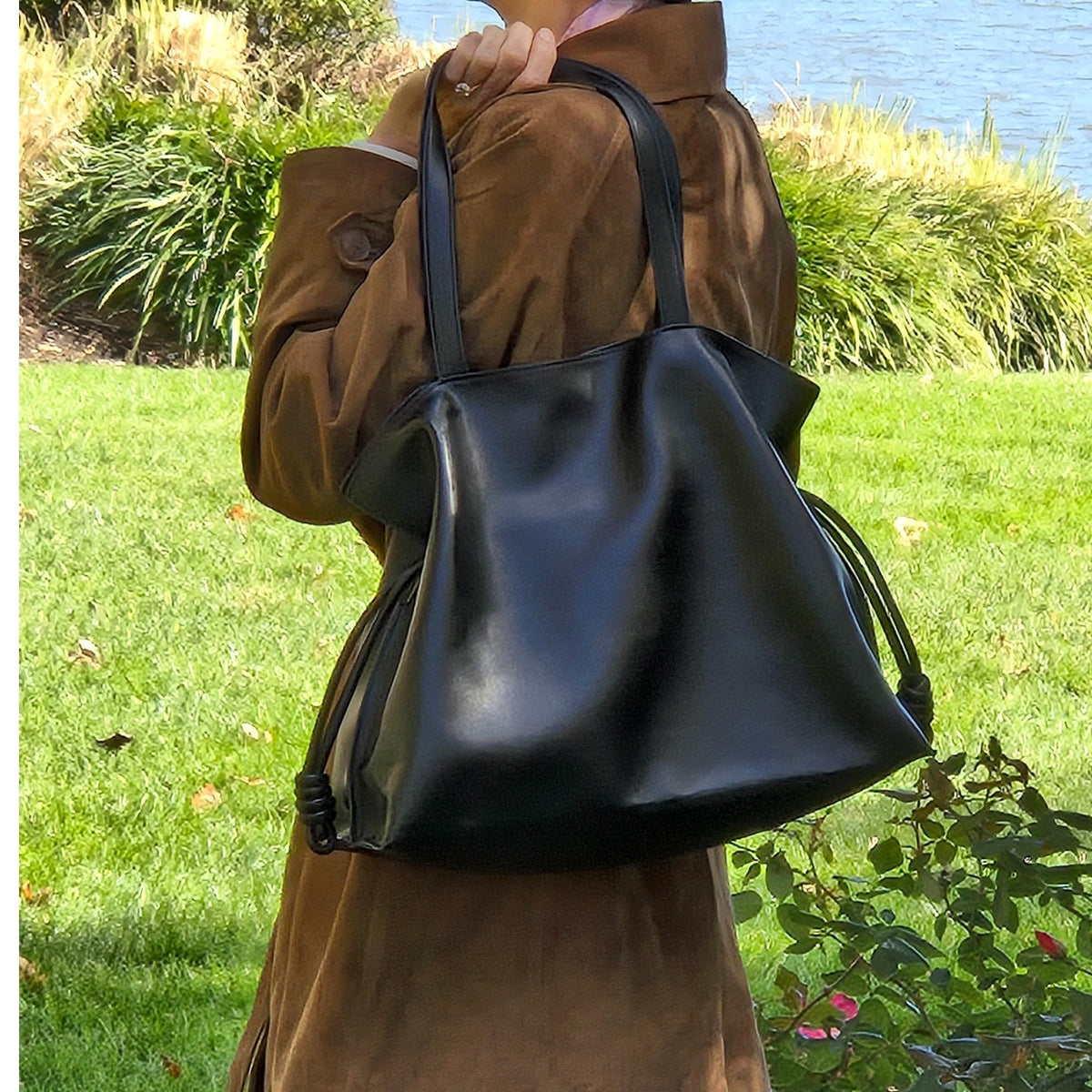 CLARANY Leather Drawstring Tote Bag, Black Genuine Leather Shoulder Bag with Magnetic Snap Closure, Elegant Travel Work Handbag