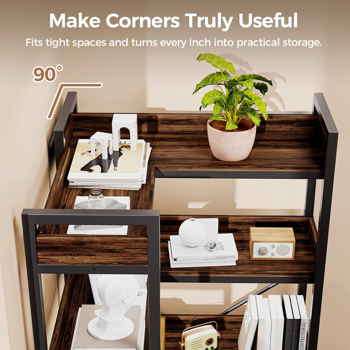 GTPLAYER 5-Tier Corner Bookshelf, L-Shaped Metal Frame Shelf with Tall 14" Shelves, Plant Stand and Storage Rack for Small Spaces, Living Room and Home Office, Rustic Brown