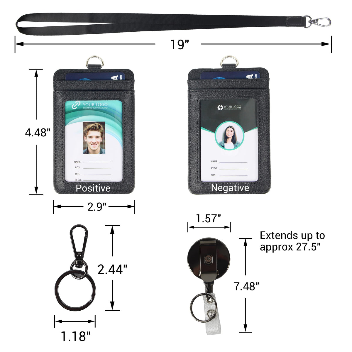 Walaufsti ID Badge Holder with Two ID Windows, 2 Pack Vertical PU Leather Badge Card Holder with 1 Heavy Duty Retractable Reel & 1 Lanyard & 1 Keychain Clip