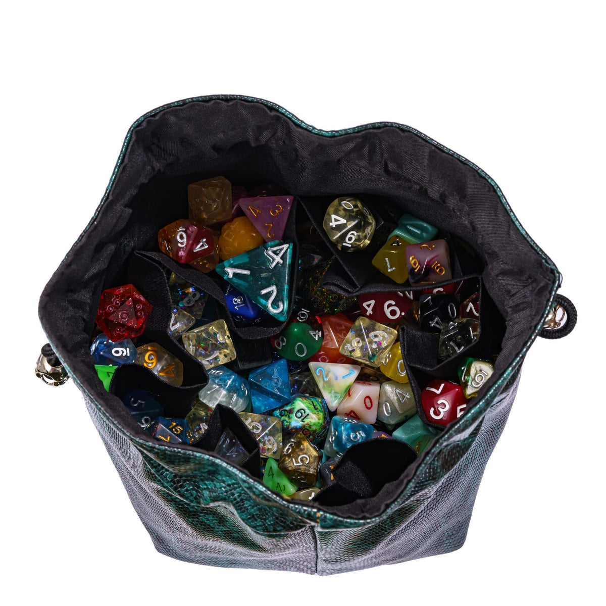 KSNDie Large DND Dice Bag Leather Dice Storage Bag Dark Green D&D Drawstring Pouch with Pockets for RPG Table Games - Can Hold 200+ Polyhedral Dice