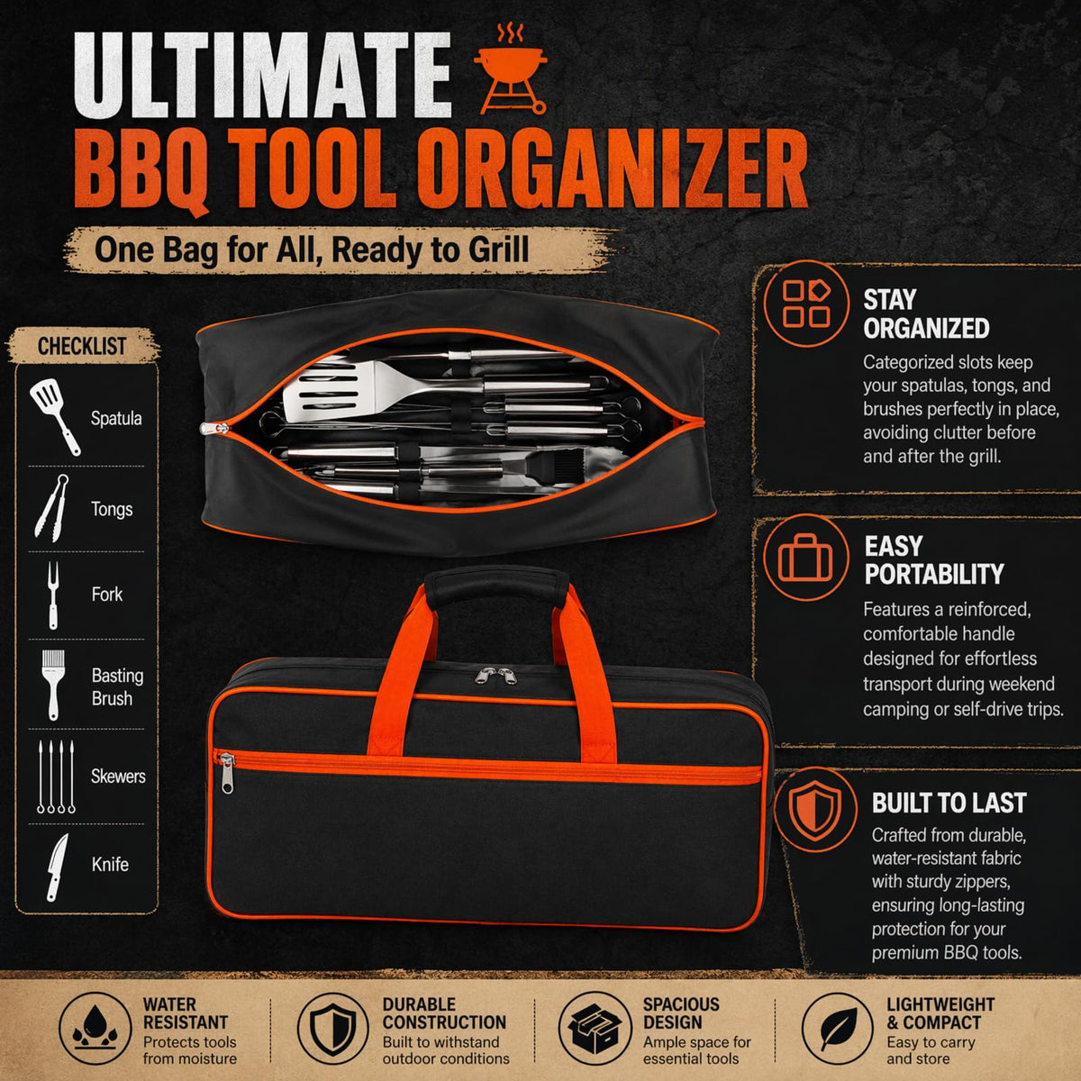 Grill Tool Storage Bag, Large Capacity Grill Accessory Storage for Outdoor Barbecue, Oxford Cloth Grilling Utensil Storager for Camping BBQ Enthusiasts (Only Bag Without Tools)