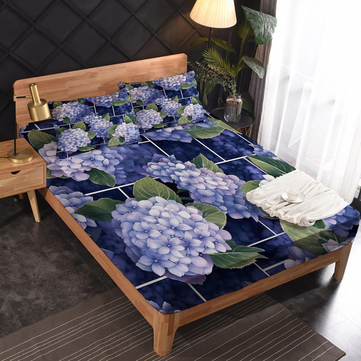 zcsm Hydrangea Sheets King Size - Floral Bed Sheets, Soft Microfiber & Deep Pocket & Wrinkle Free Patterned Bedding Sheets & Pillowcases, 4 Piece (1 Fitted Sheet, 1 Flat Sheet, 2 Pillow Cases)