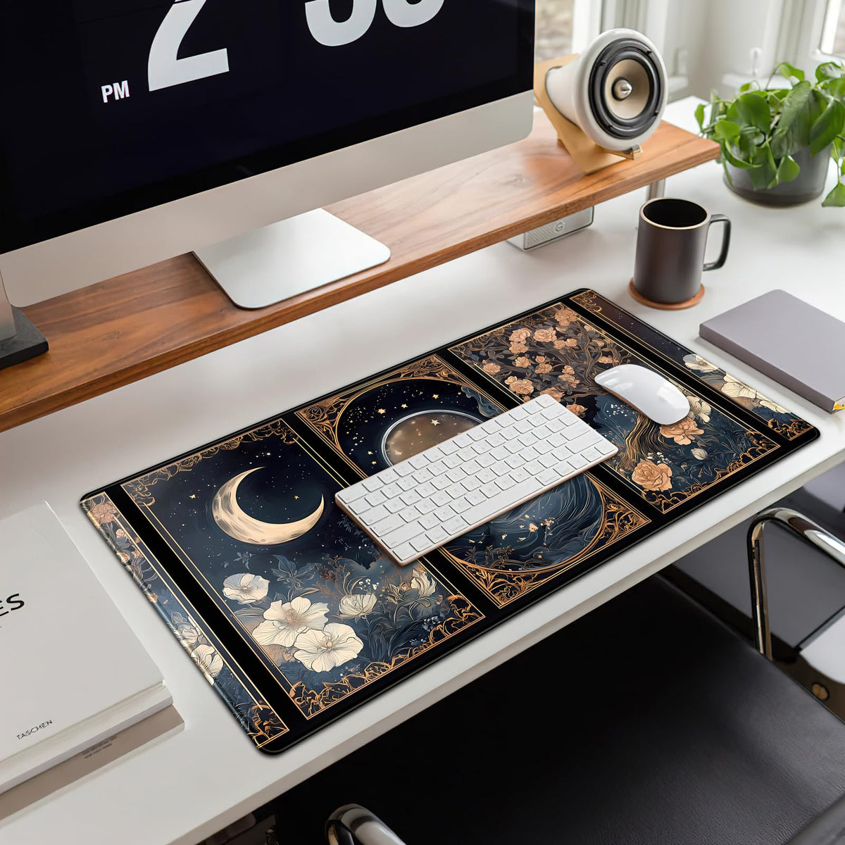 Celestial Lunar Nature Tarot Card Desk Mat Moon Floral Large Mouse Pad XXL 31.5''X 15.7'' Witch Night Botanical Desk Pad Gaming Mousepad Keyboard Mouse Mat for Laptop Computer Office Decor Gift