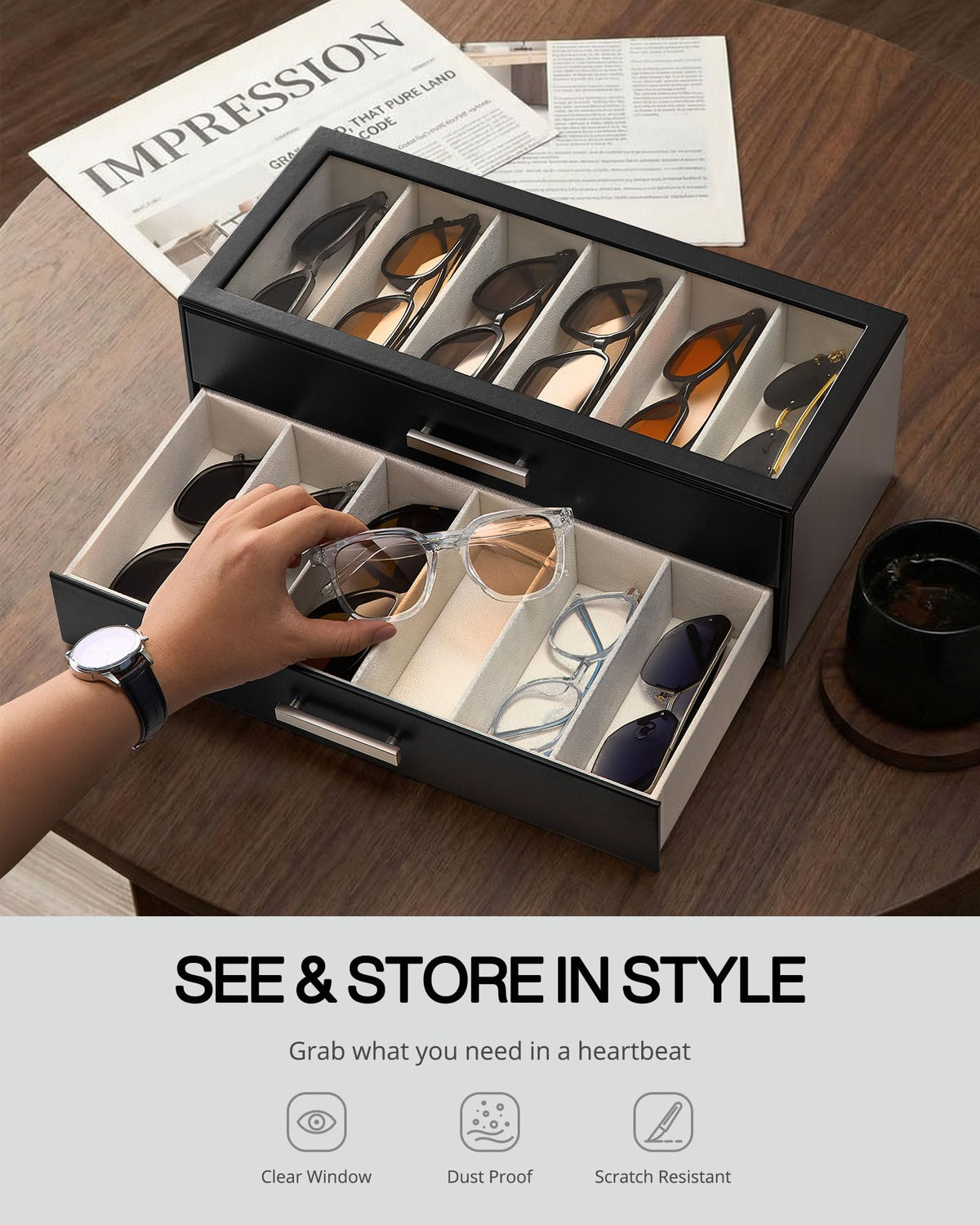 ProCase 12 Slots Sunglasses Organizer, 2-Layer Eyeglass Holder with Clear Glass Lid, PU Leather Glasses Storage Display Case for Men Women -Black