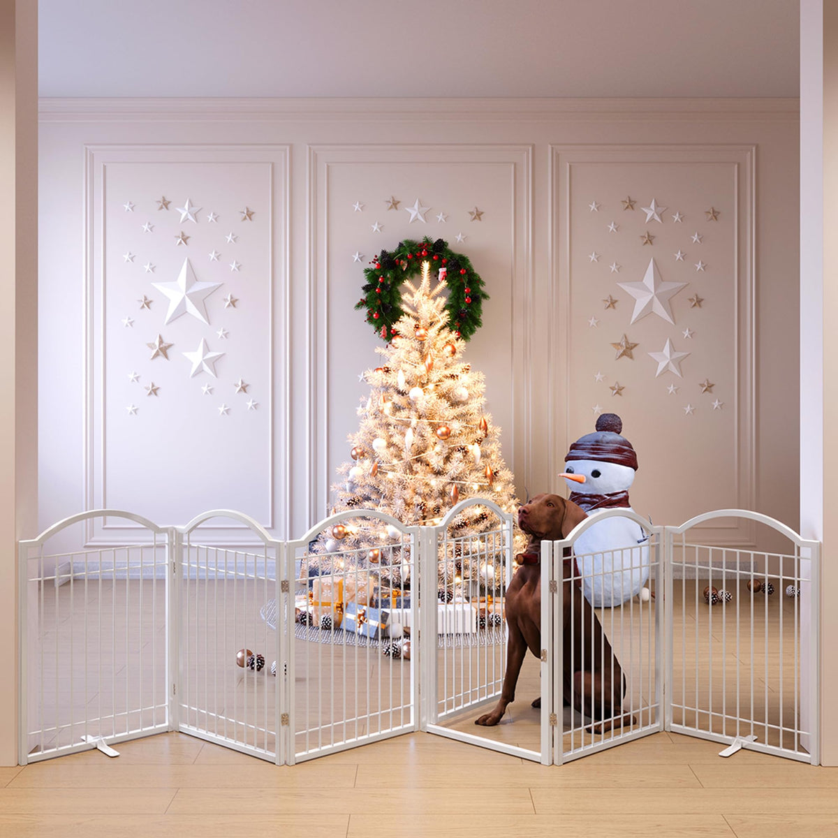 BHG Metal No-Assembly Freestanding Dog Gate with Door Walk Through, Extra Wide 144", Extra Tall 32" Pet Gate, Accordion Puppy Folding Playpen Dog Fence, with 2PCS Support (White, 6 panesl)