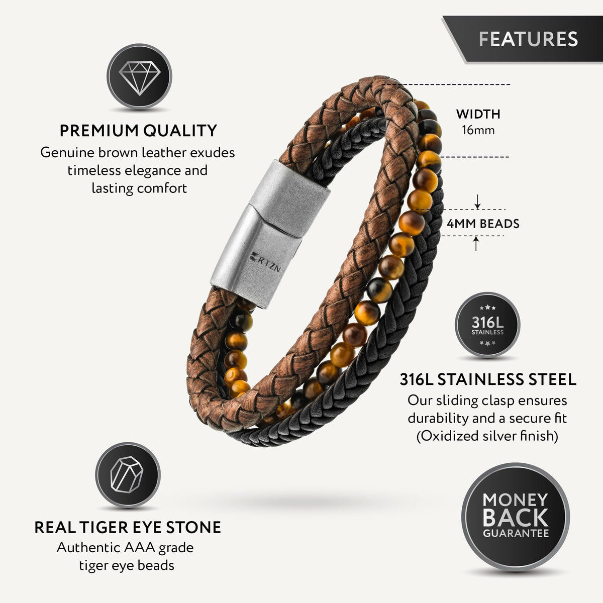 RTZN® Multi Strand Bracelet for Men – Premium Artisan Handcrafted Tiger Eye Bead and Brown Braided Leather Bracelet – Authentic Tigers Eye Stone & Brown Leather Mens Bracelet (Medium)