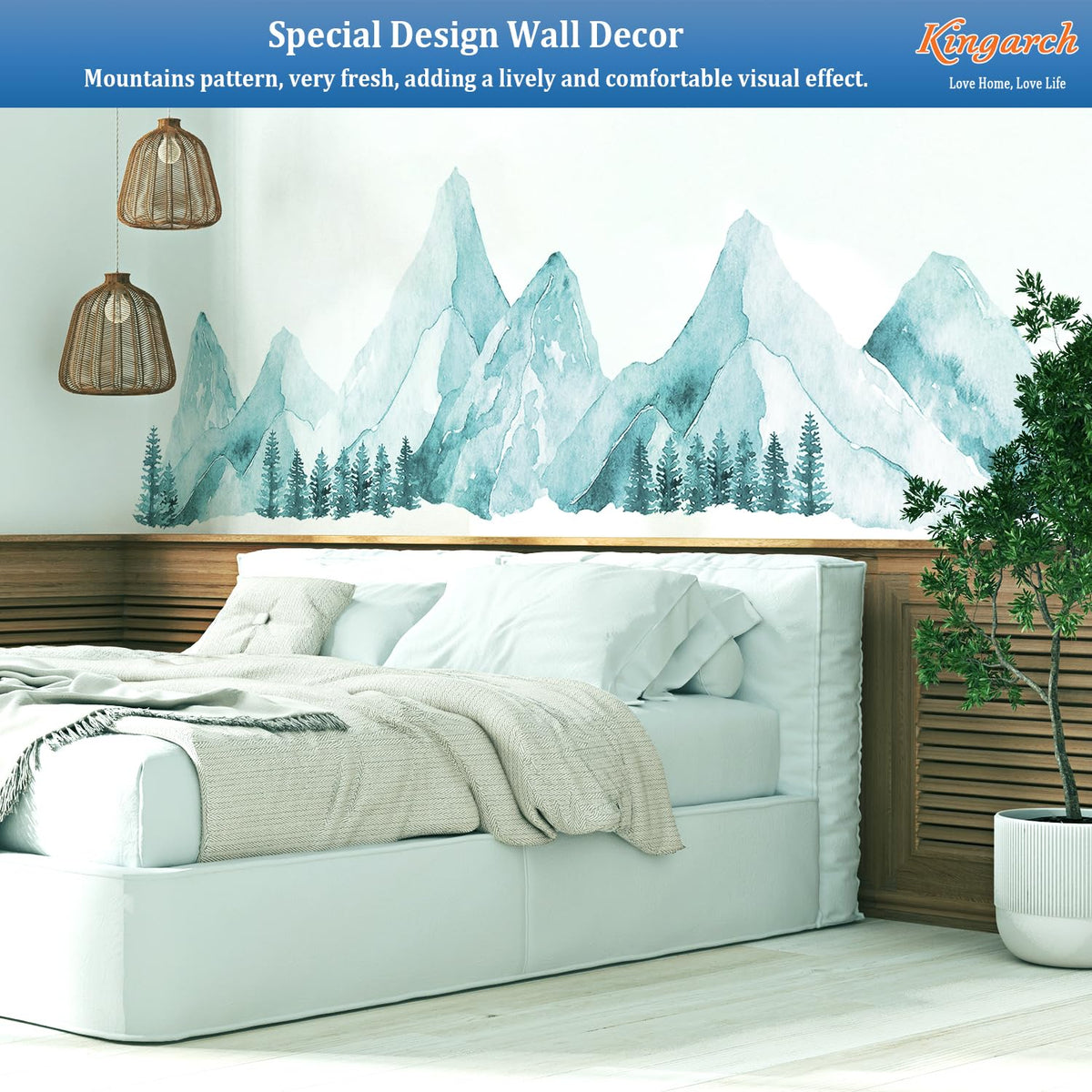 Large Mountain Wall Decals, Spa Green Pine Tree Peel and Stick Vinyl Wall Stickers & Murals, Removable Home Room Wall Decor for Bedroom Living Room Bedroom Classroom Office Nursery