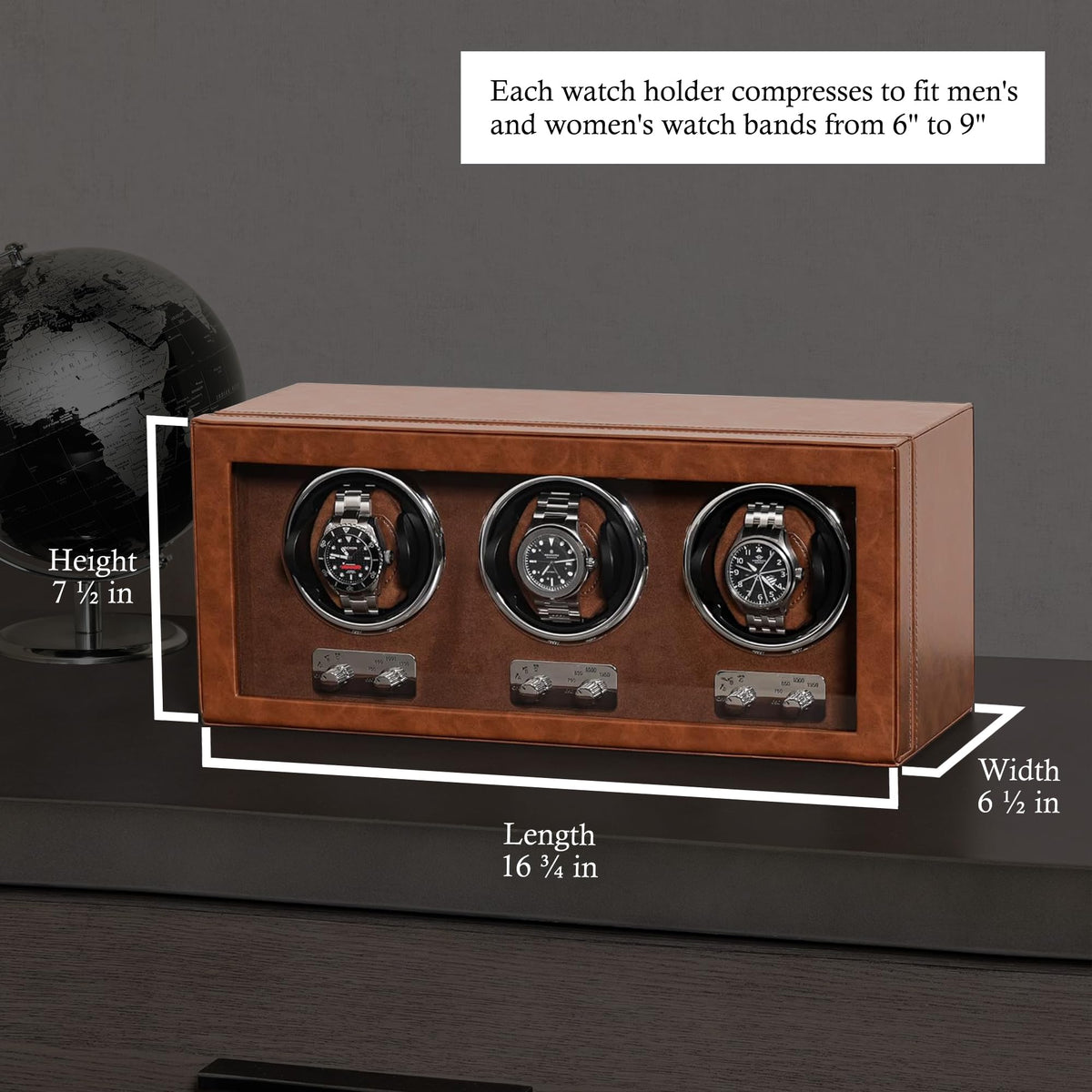 ROTHWELL Triple Watch Winder for Automatic Watches with Quiet Motor with Multiple Speeds and Rotation Settings (Tan/Brown)