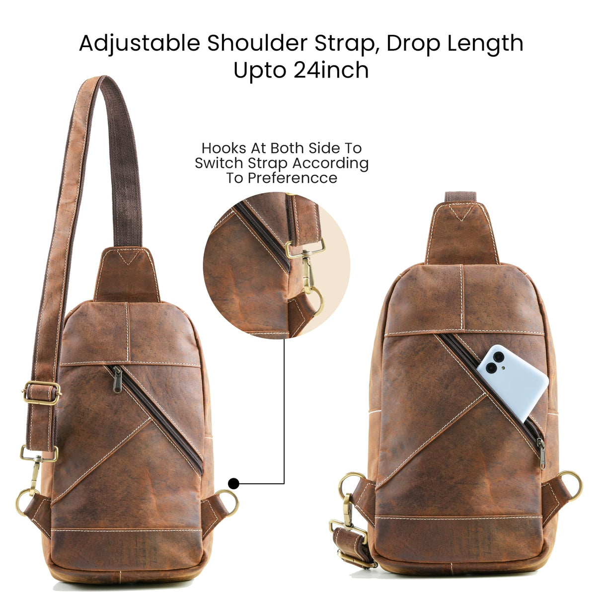 Handmade World Genuine Leather Sling Chest Crossbody Bag Backpack Small 'The RoamRush' Buffalo Hunter Leather Shoulder Travel Daypack