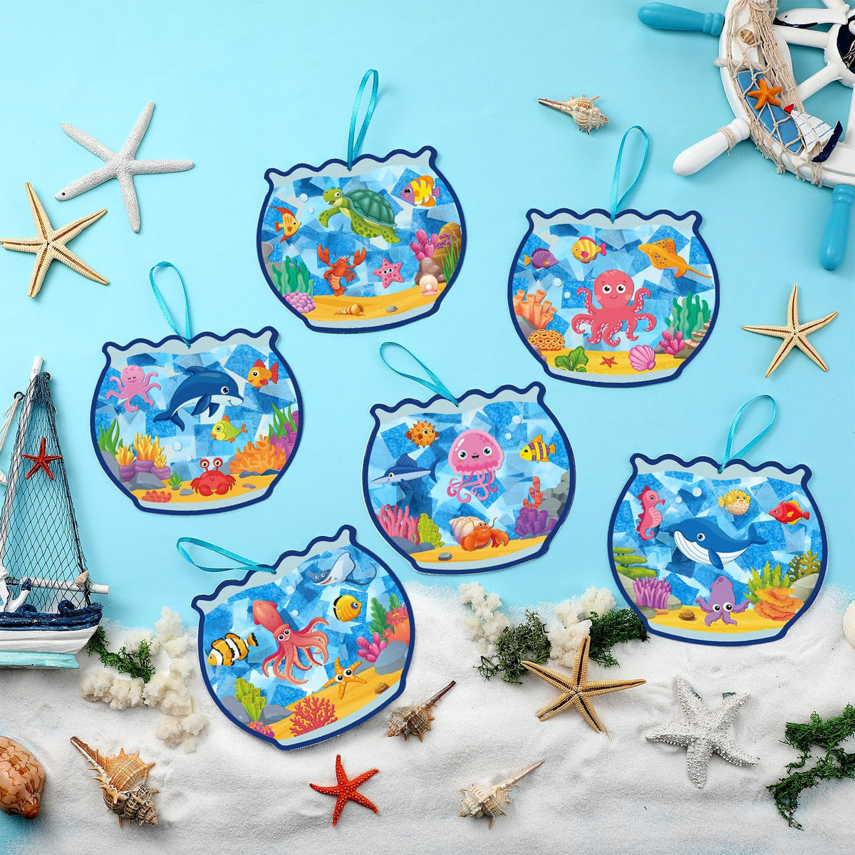 Supervitae 24 Sets Fishbowl Paper Crafts Kits Summer Crafts Sun Catchers Art Kits DIY Fish Tissue Paper Sign Make an Ocean Animals Worlds Stickers Scene for Window Activities Game Party Decor