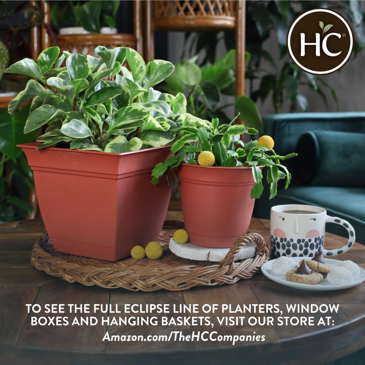 The HC Companies Eclipse Round Planter with Saucer - Outdoor & Indoor Plant Pot with Drainage Holes - Lightweight, UV-Resistant Plastic Pots for Plants, Flowers & Herbs (6" Sandstone, Pack of 1)