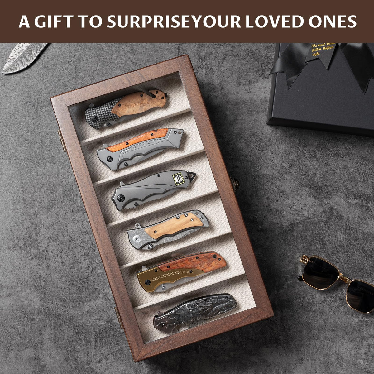 Yoimori Knives Display Box, 3-Layer Pocket Knives Box Display & Storage Knives, Solid Wood Knives Box for Collections, Gift for Boyfriend Fathers Day Birthday Gifts(Walnut)