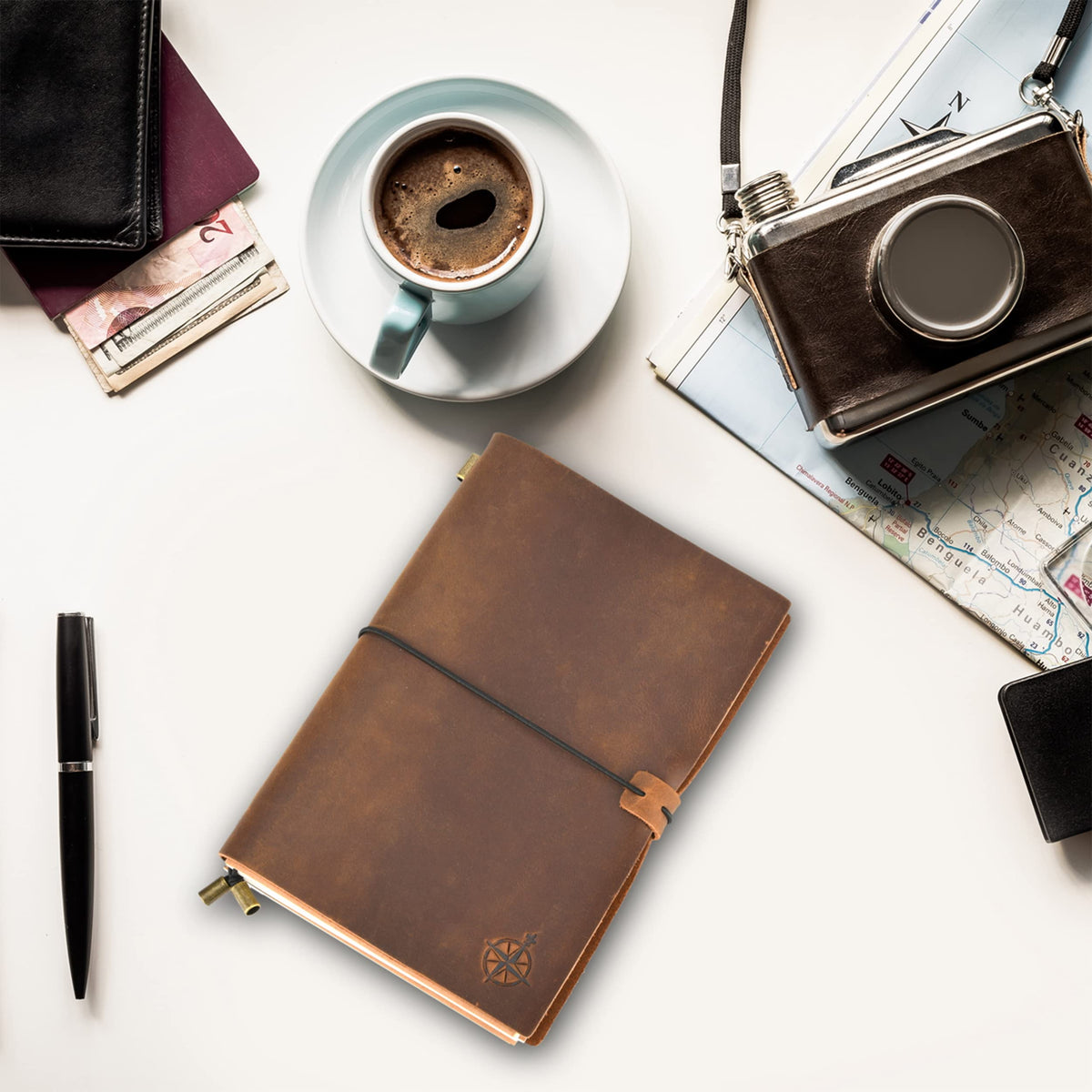 Wanderings A5 Travelers Notebook – Refillable Genuine Leather Journal – 6" x 8.5" (15 x 22cm) – Handcrafted Crazy Horse Leather – 120 GSM Blank Inserts – Travel Journal