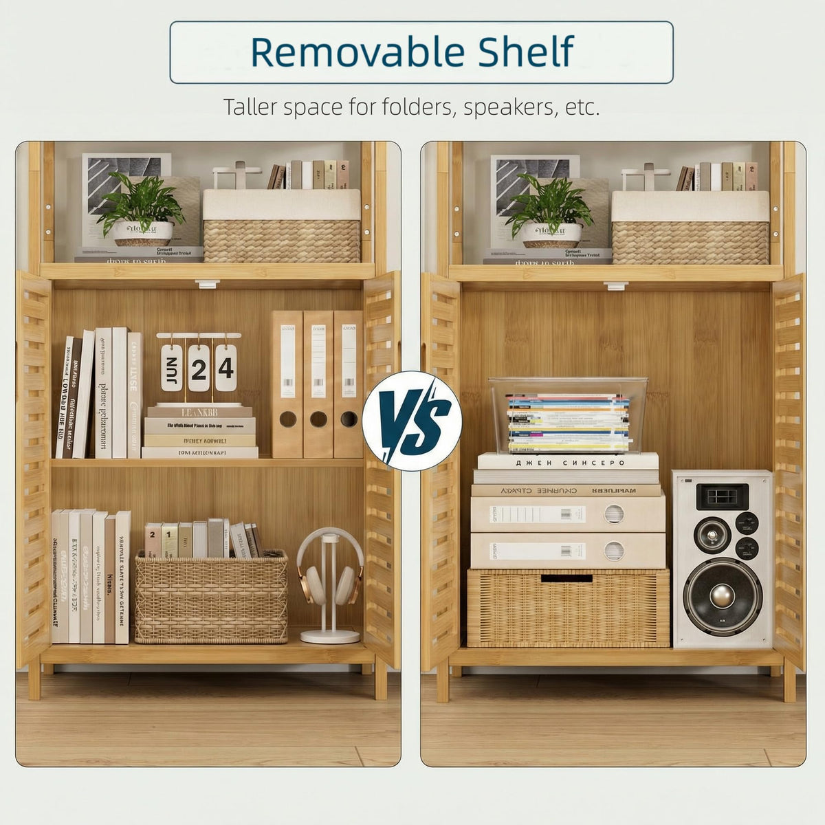 HIFIT 2 Set Tall Shelf Unit Bamboo Storage Cabinet with Doors, 5-Tier Bookshelves and Bookcases with Storage and Display, 67" Tall Cabinet w/Plant Stand for Bathroom,Living Room,Kitchen Dining,Balcony