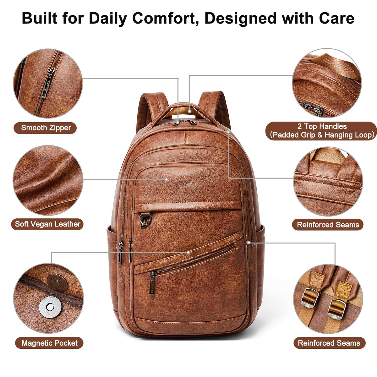 LATMAP 43L Backpack for Women Men - Vegan Leather Backpack Purse Travel Carry-on Bag College Bookbag Work fits 17" Laptop, Brown