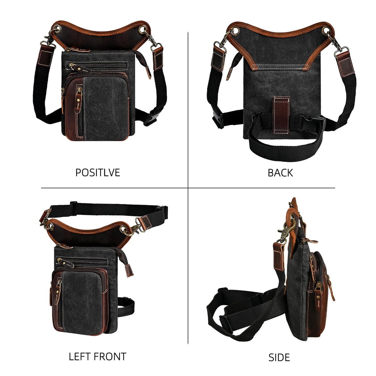 Handadsume Water Resistant Canvas + Leather Motorcycle Fanny Waist Pack One Shoulder Drop Leg Thigh Bag For Men Women FB211-6 (Z-211-11-Black)
